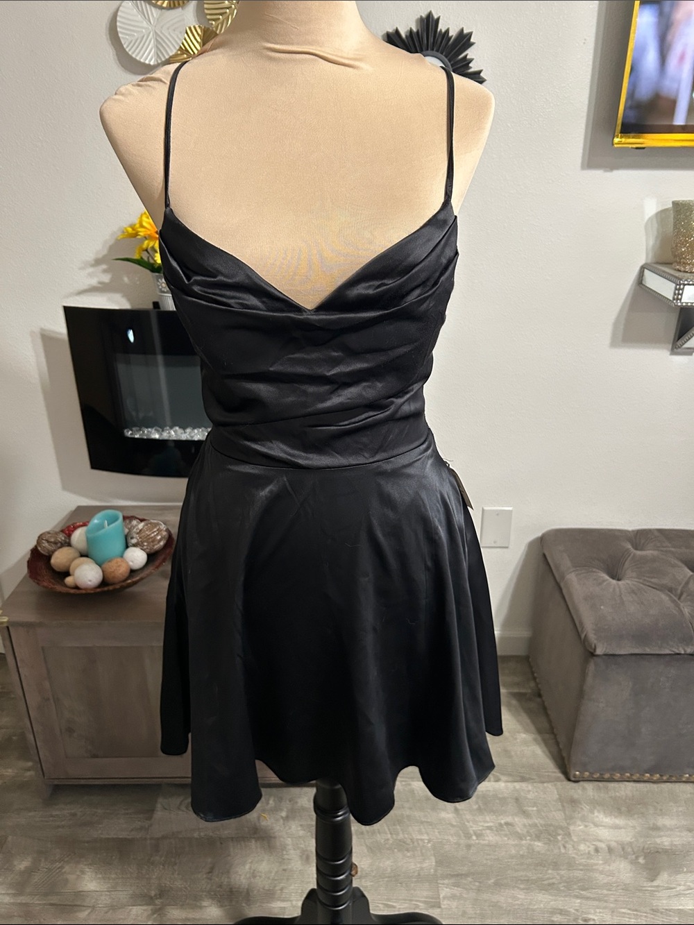❤️Elegant Black Satin Cowl Neck Slip Dress - lined and bra padded